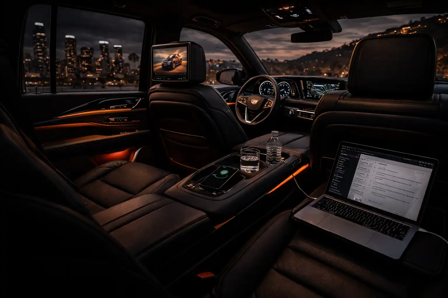 Luxury interior — premium leather, ambient lighting, workspace ready